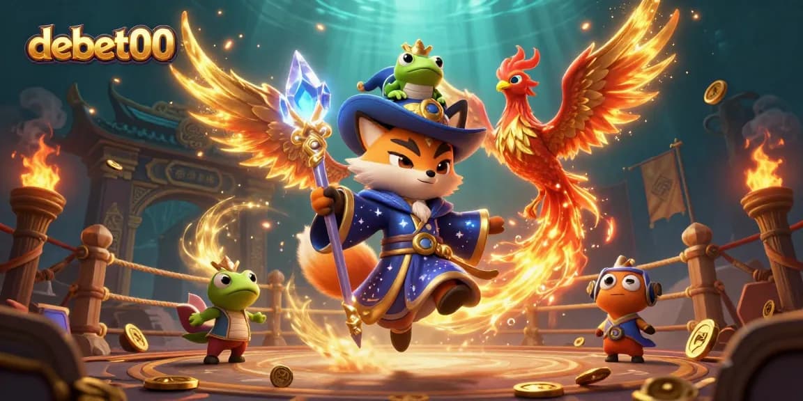 Engage with debet00 in a vibrant, magical casino scene featuring a wizard fox and phoenix.