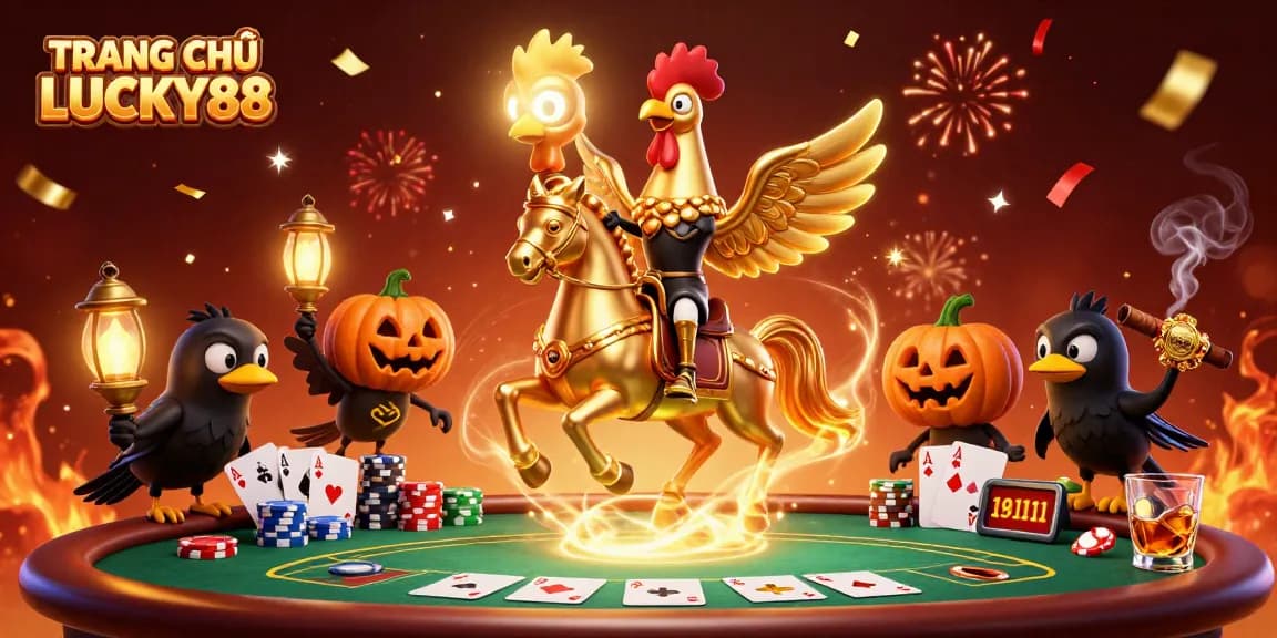 Engage with TRANG CHỦ LUCKY88 in a vibrant casino scene filled with exciting poker elements.