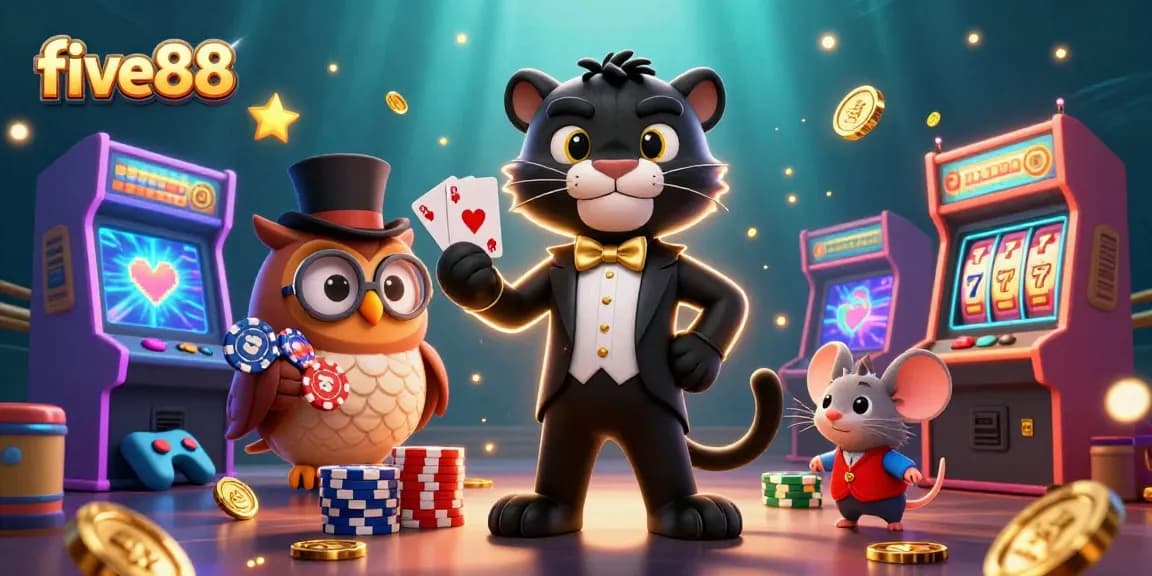 Experience thrilling gameplay at five88 with a stylish panther dealer, owl with poker chips, and lucky mouse amidst vibrant casino elements.