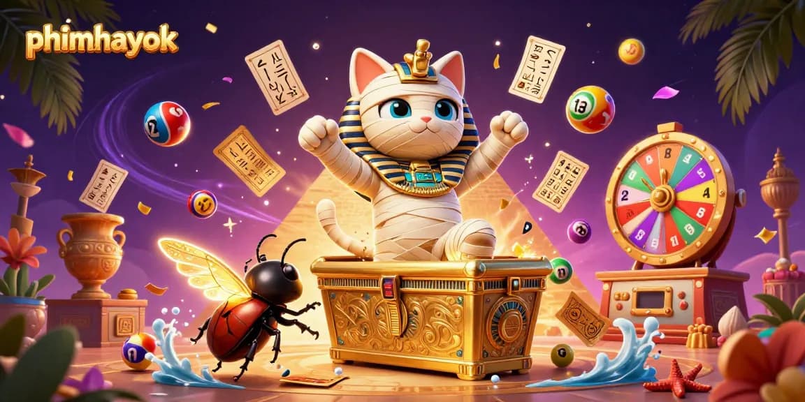 Experience the thrill of gaming with phimhayok's mummy cat at the vibrant casino, surrounded by sparkling elements.