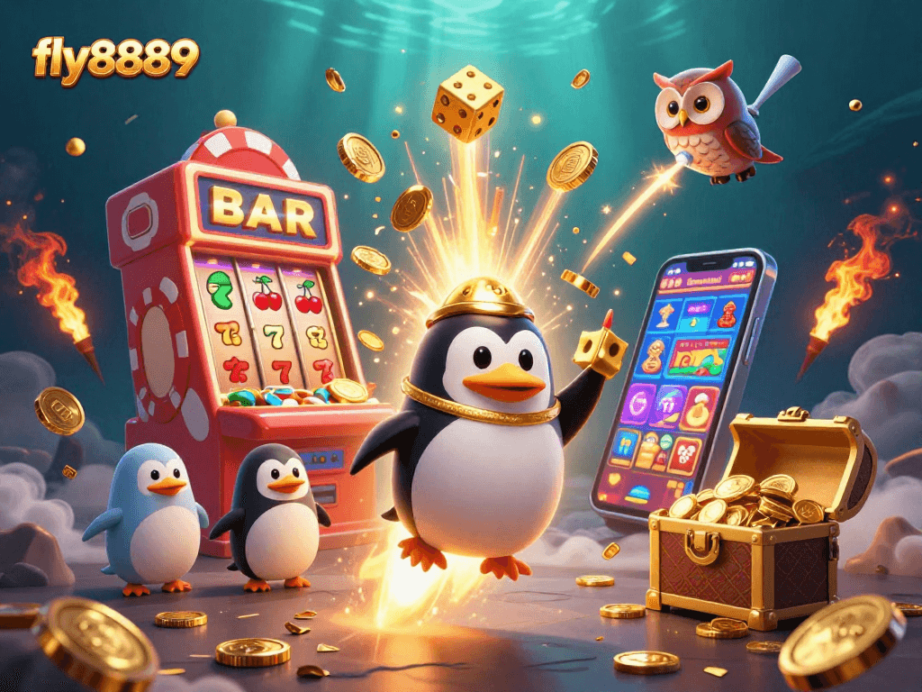 Engage in thrilling gameplay with fly8889 as the golden penguin leads the way!