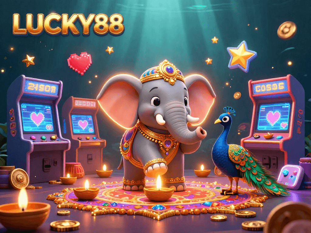 Experience LUCKY88's thrilling gaming adventure with vibrant 3D characters and colorful casino elements.