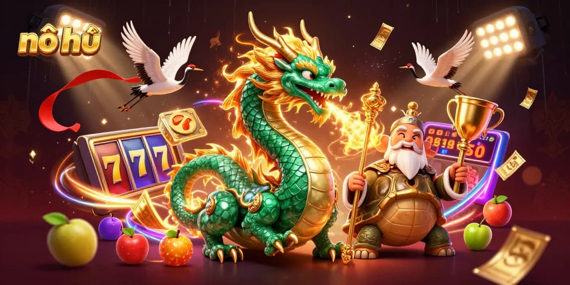 Experience the thrill of nổ hũ with dynamic slot symbols, lucky elements, and vibrant characters.