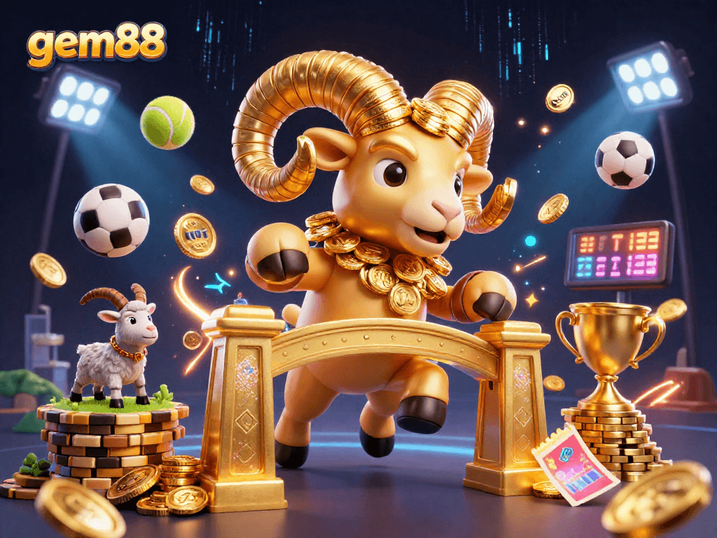 Experience the thrill of gem88 with a golden ram charging past sports elements in a vibrant casino scene.