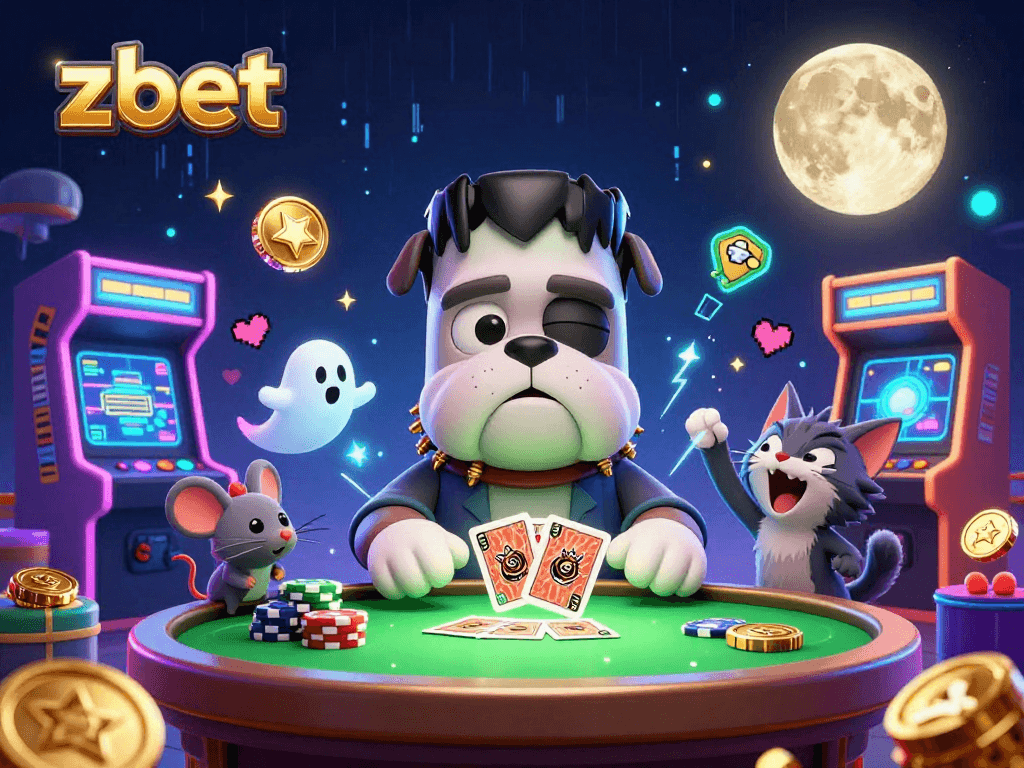 Zbet showcases a lively casino scene with a Frankenstein bulldog monster dealing cards, enhancing gaming excitement.