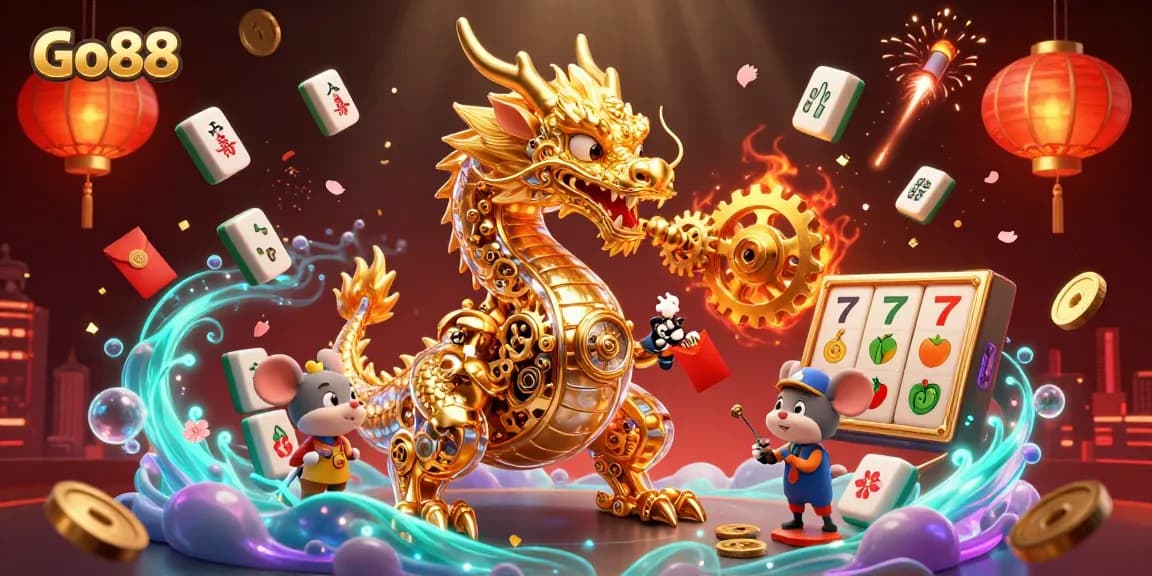 Engage with Go88's thrilling gaming world featuring a dynamic majestic dragon and golden elements
