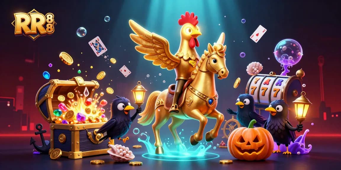 Experience thrilling gameplay at RR 88 with a vibrant casino scene showcasing golden rooster characters and slot elements.
