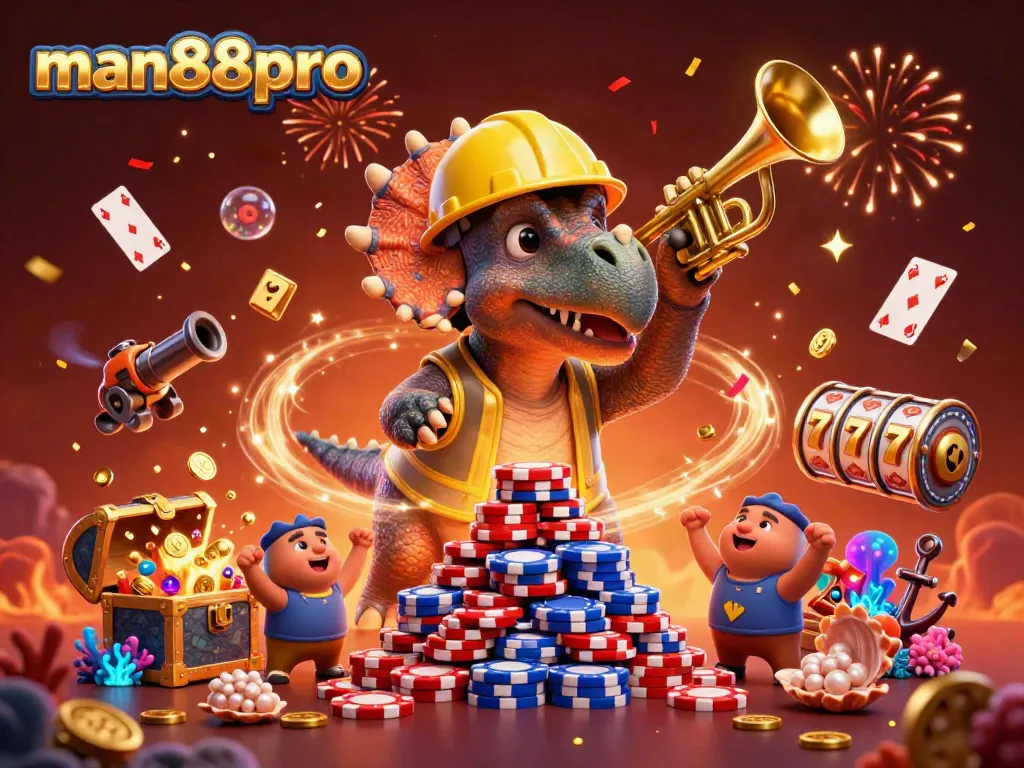 Experience thrilling gaming adventures with man88pro as cheerful characters build poker chip towers amid festive decorations.