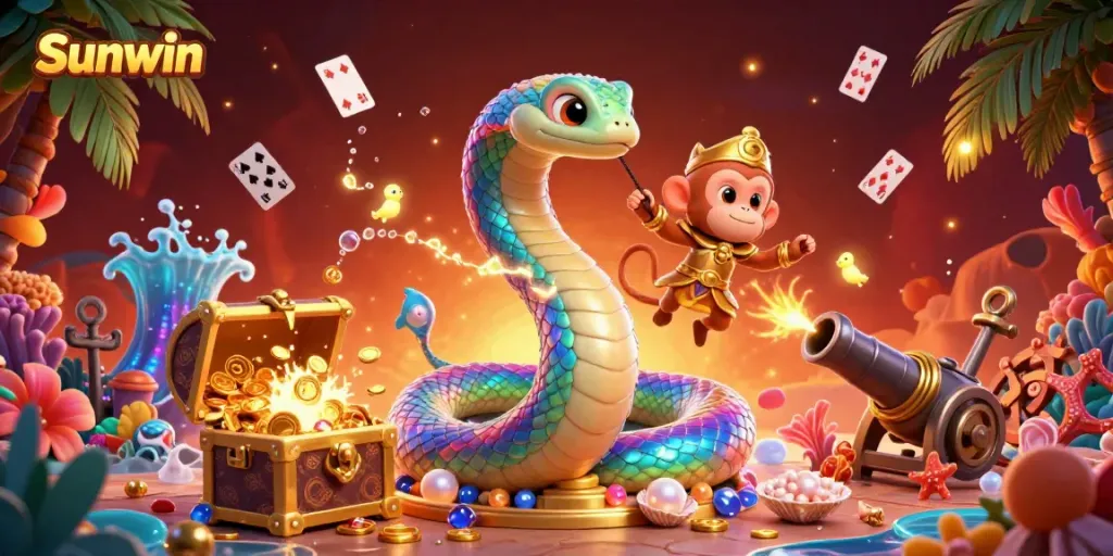 Immerse in Sunwin's vibrant gaming world with the playful monkey king and iridescent serpent amidst treasure and casino elements.