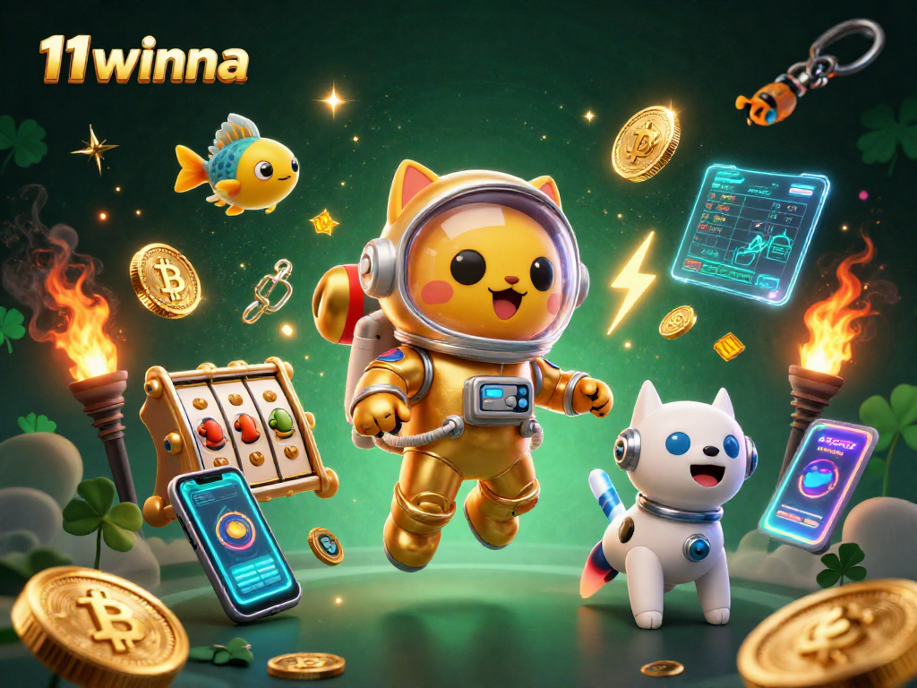 Engaging 11winna scene depicts a space cat and robot dog in casino-themed action, with vibrant slot machines.