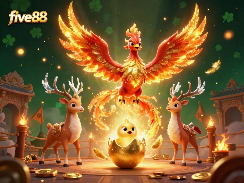 Bet on five88 with a vibrant phoenix scene filled with dynamic casino elements.