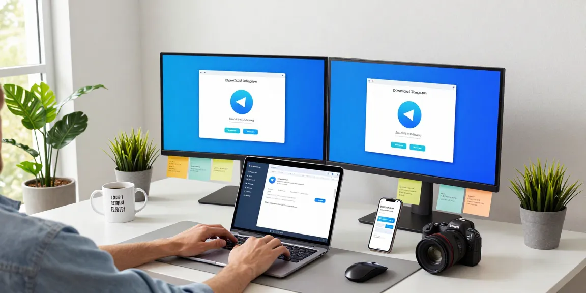 Download Telegram on a laptop in a modern home office, showcasing a productive tech workspace.