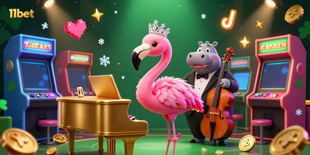 Engage with the vibrant world of 11bet, showcasing a glamorous flamingo singer and hippo bassist in a lively casino scene.