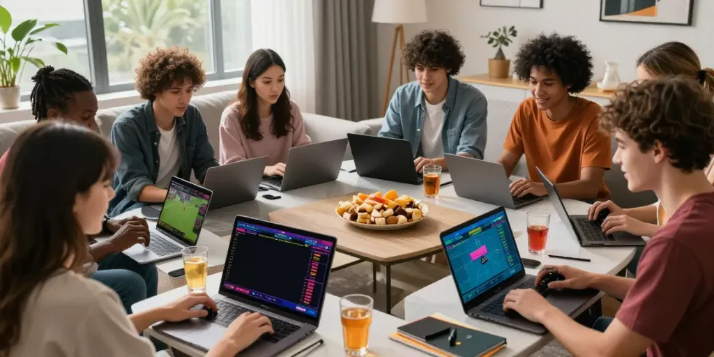 Exciting online betting scene with young adults placing bets at https://ku88vt.com/ in a stylish setting.