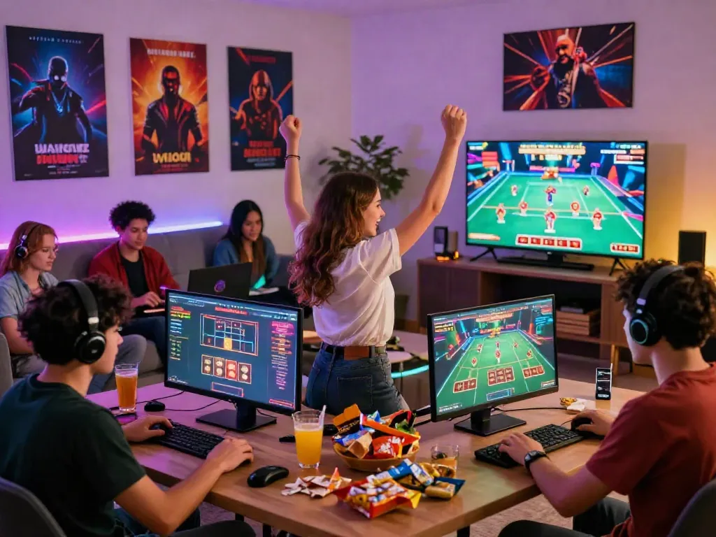 Hitclub online gaming celebration with players enjoying casino games in lively living room