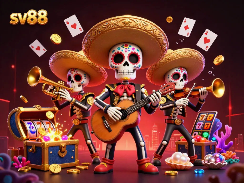Engage with the vibrant sv88 gambling scene featuring a mariachi band, slot reels, and dynamic treasure elements.