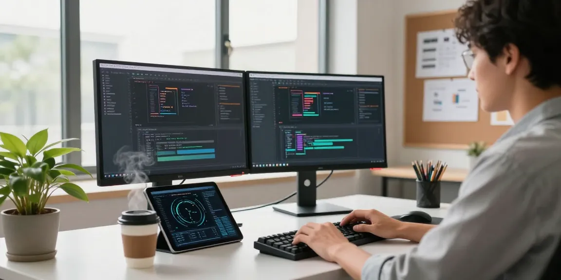 快连 software development workspace with dual monitors showcasing code, a developer at a modern desk in a bright environment.