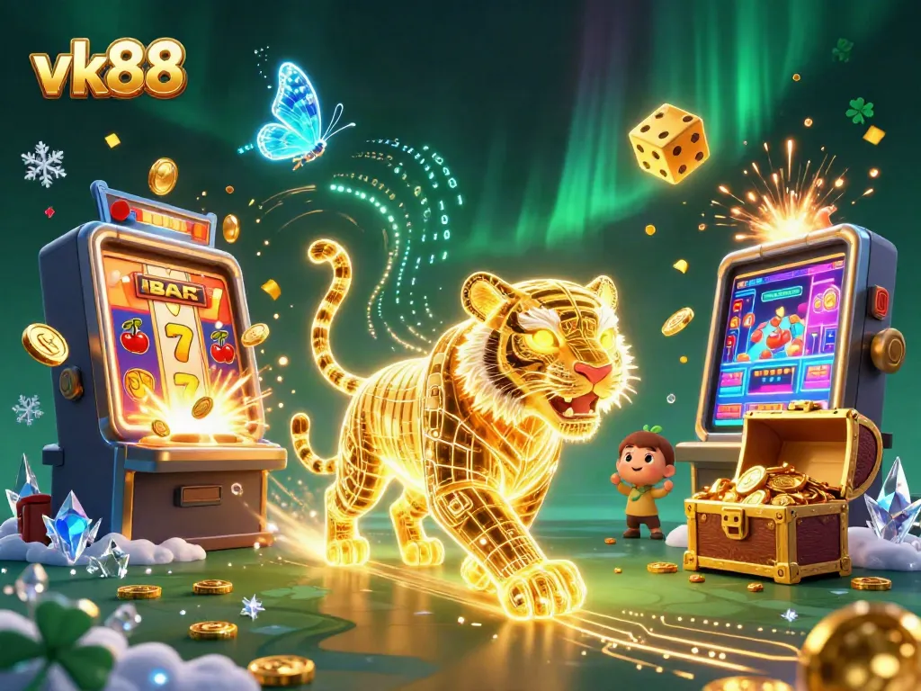 Experience the thrill of vk88 with a vibrant illustration of a digital casino featuring a golden tiger and jackpot elements.