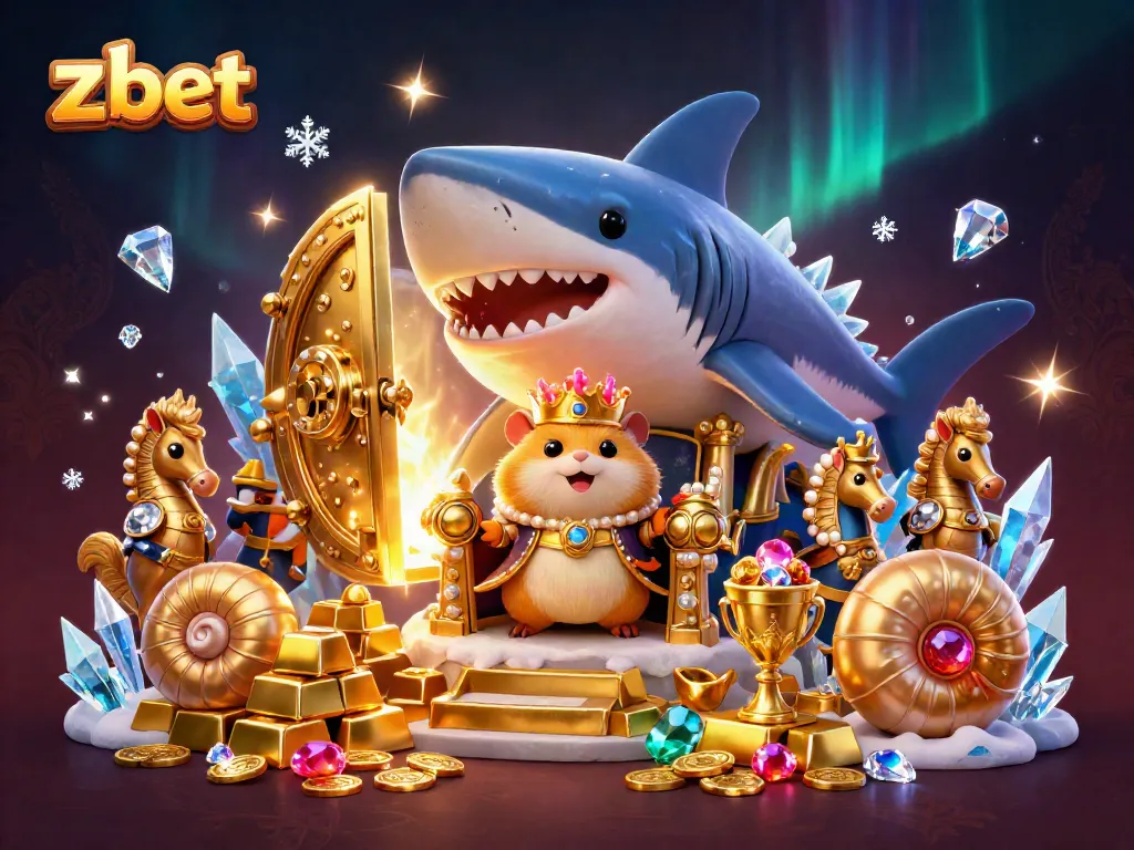 Experience the thrill of z bet with a golden hamster king amidst treasures and seahorse guards in a casino setting.