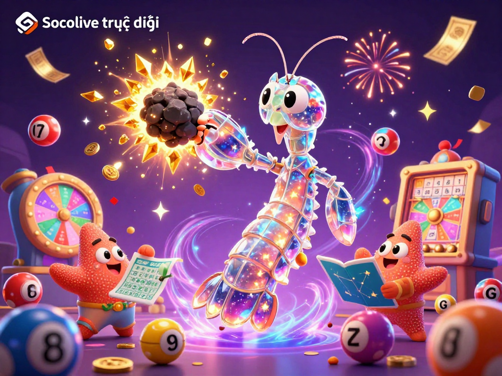 Socolive trực tiếp brings excitement with a 3D samurai shrimp in casino chaos winning gems among colorful elements.