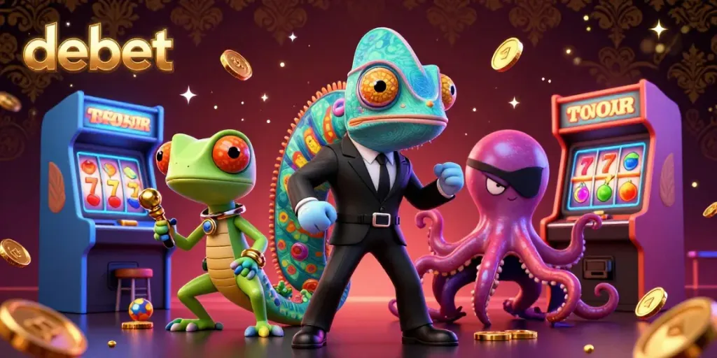 Experience the excitement of debet in this vibrant casino illustration with colorful slot machines and characters.