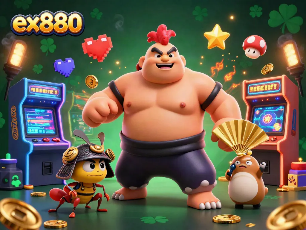 Engage with ex880's exciting casino adventure featuring a powerful sumo rooster and vibrant game elements.