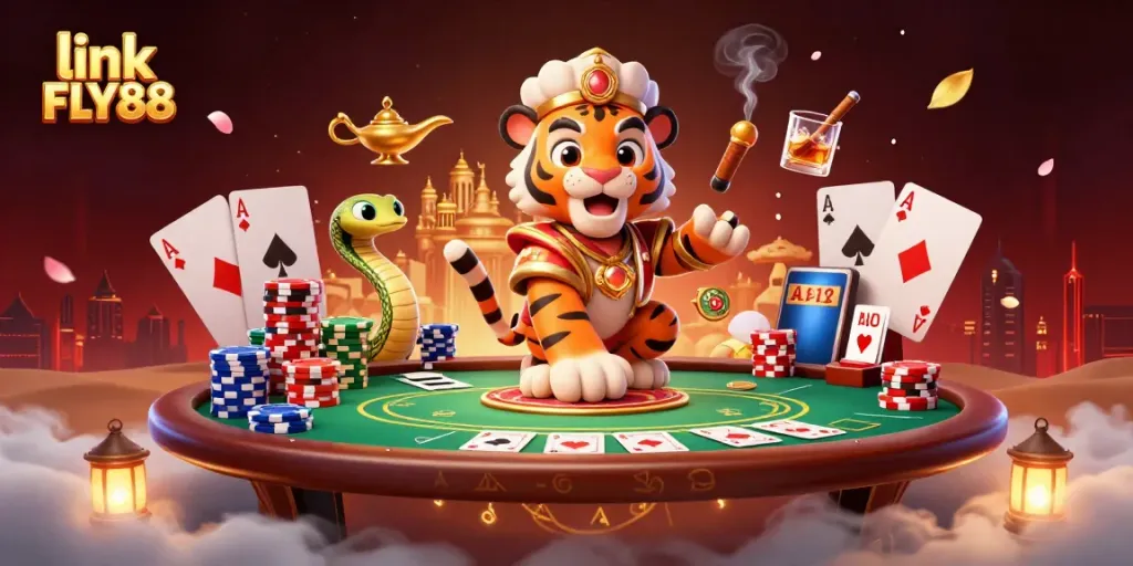 Experience excitement with link FLY88 in this vibrant 3D illustration of a casino scene featuring a tiger sultan.