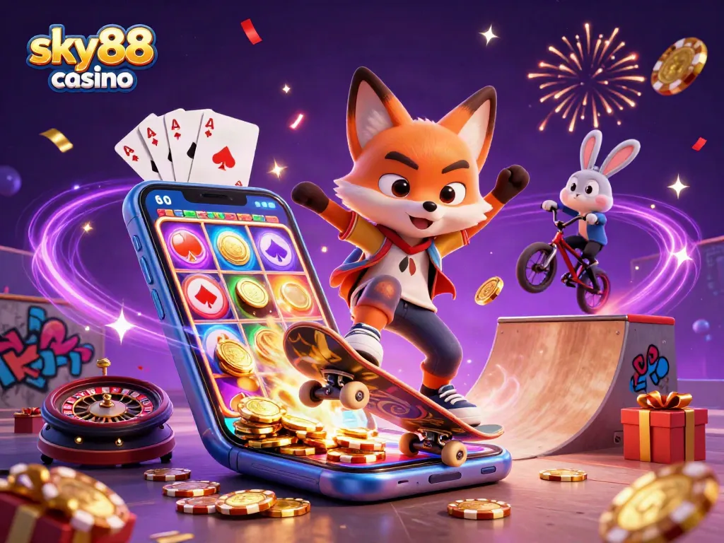 Experience excitement with sky88 casino's vibrant gaming scene featuring animated characters and dynamic visuals.