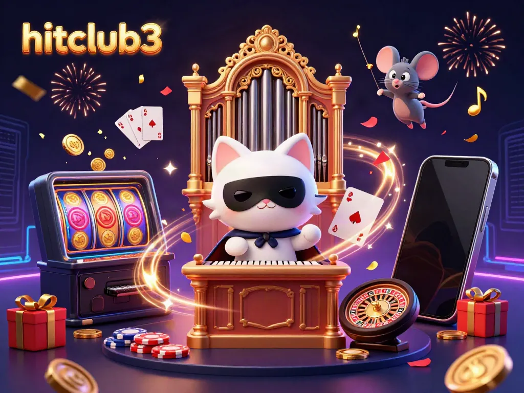Experience excitement at hitclub3 with a whimsical cat at a grand casino organ and captivating game elements.