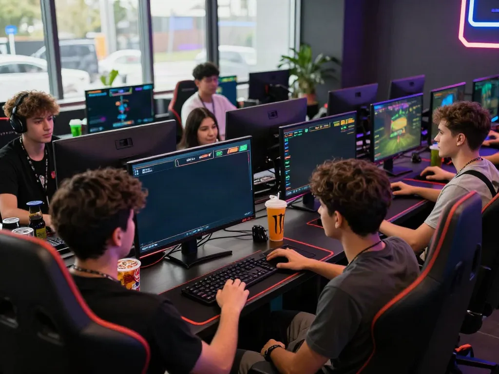 manclub gaming area with young men participating in online sports betting.