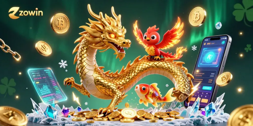 Engage with the thrilling world of zowin through a vibrant 3D illustration of a dragon, phoenix, and koi fish.