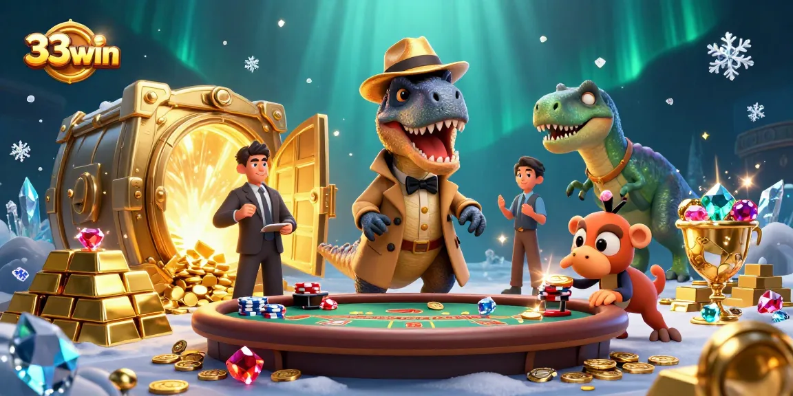Experience 33win's thrilling blackjack scene with captivating dinosaur characters and opulent treasures.