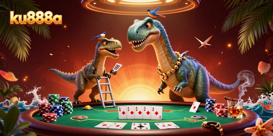 Experience the thrilling fun at ku888a with a vibrant and dynamic cartoon casino scene featuring colorful poker elements.