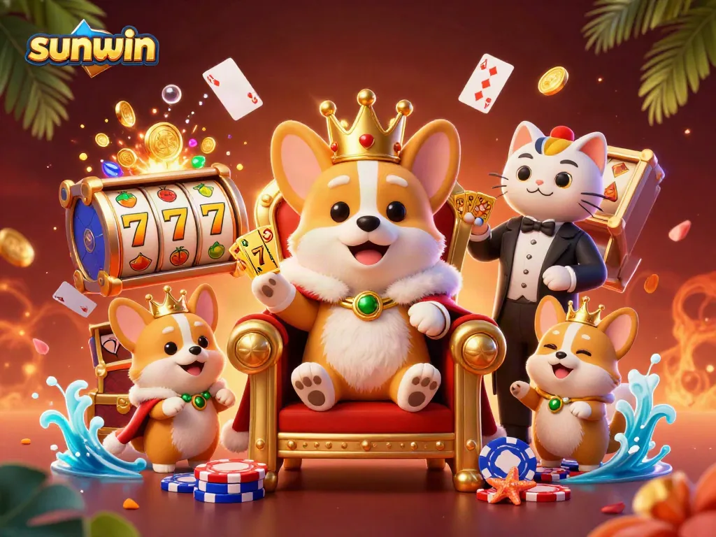 Experience thrilling gameplay with sunwin's captivating casino scene featuring royal corgis and slot elements.