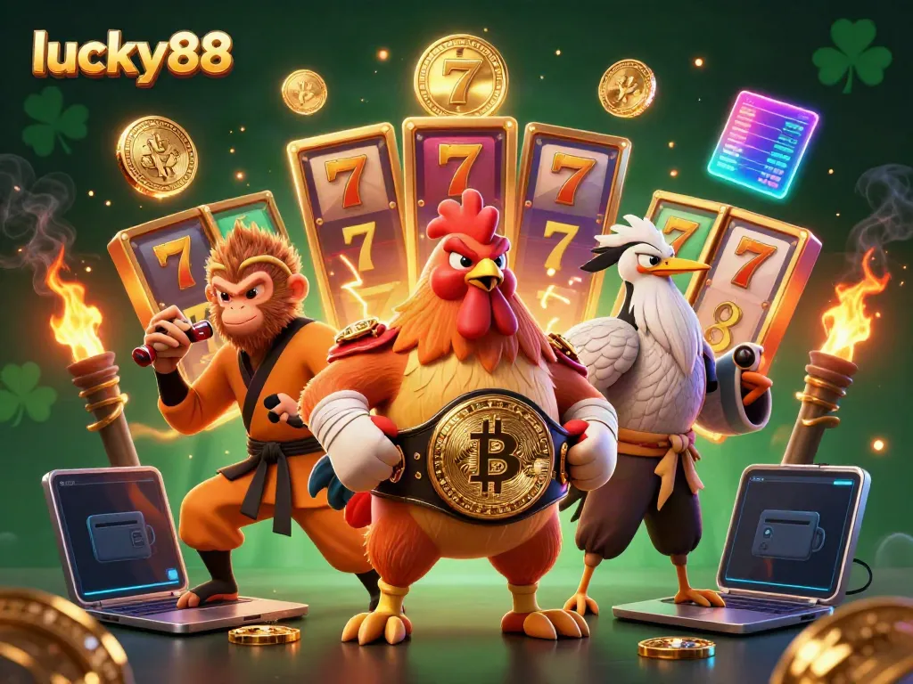 Experience the thrill of lucky88 with dynamic slot reels and a fierce rooster champion.