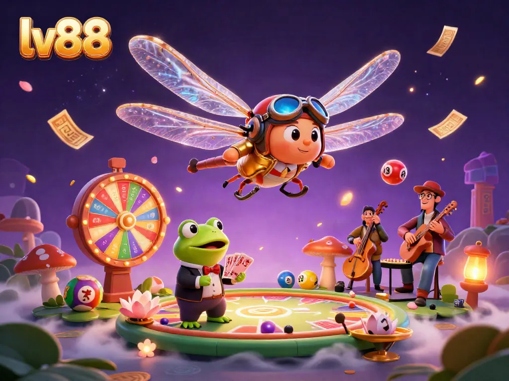 Experience excitement with lv88 at a vibrant lily pad casino in this dynamic casino illustration.
