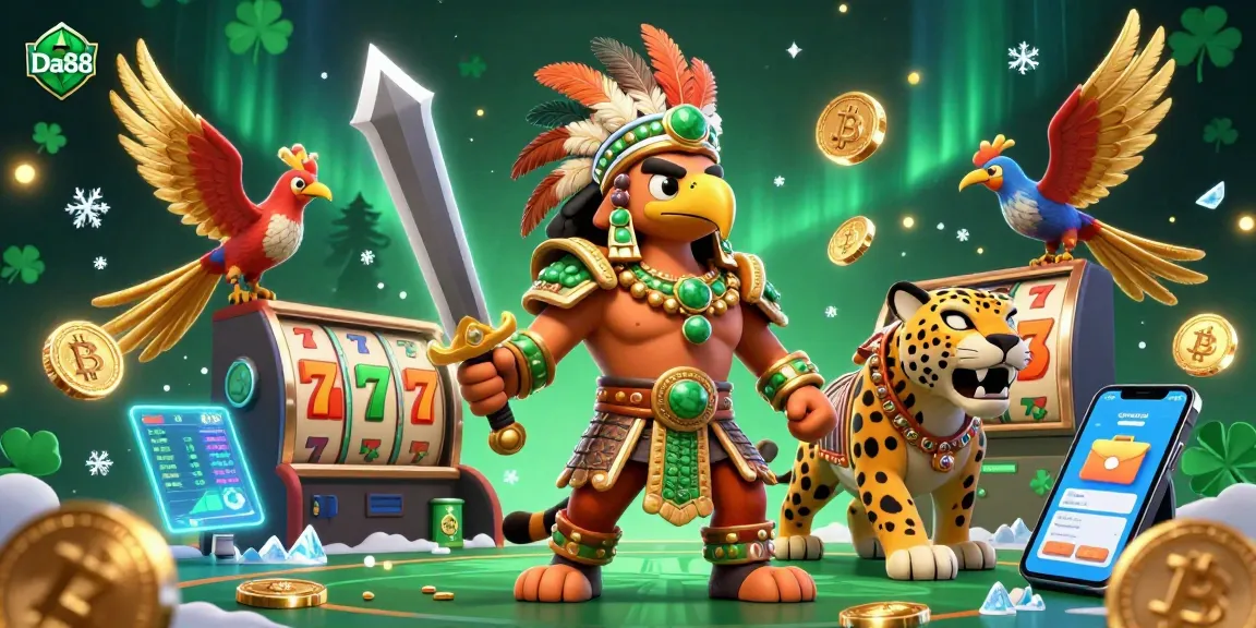 Experience thrilling gameplay at Da88 with vibrant Aztec warriors and neon crypto elements in a lively casino scene.