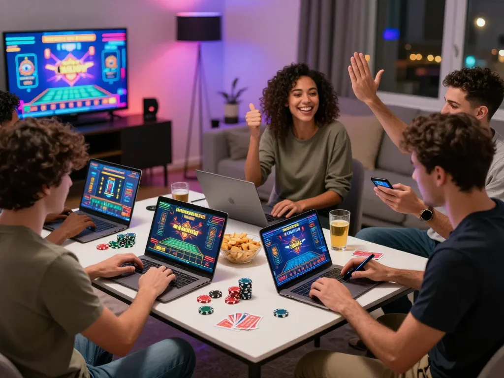 Players enjoying an exciting game session with MM88 on laptops, showcasing vibrant casino atmosphere and celebration.