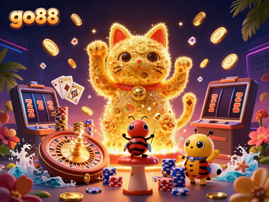 Experience go88's vibrant casino gaming atmosphere with a lucky cat illustration surrounded by golden coins and poker elements.