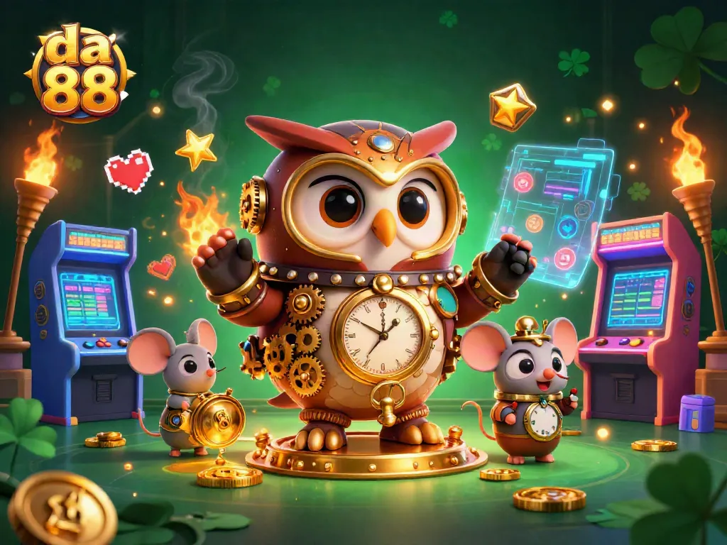 Experience the excitement of da 88 as the cartoon time-traveler owl navigates a vibrant casino scene.