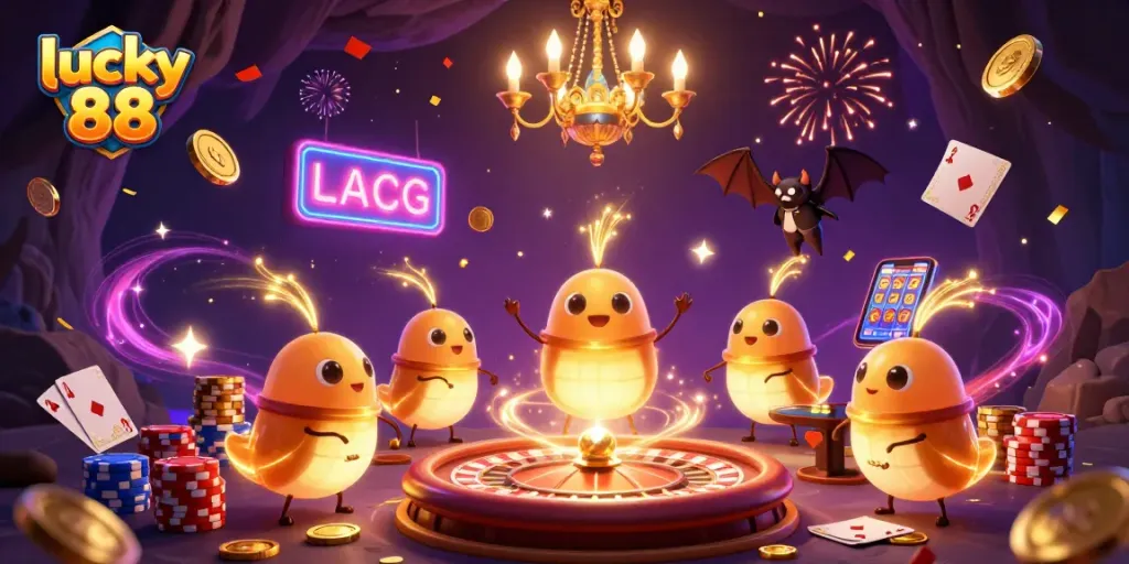 Experience the vibrant lucky 88 casino scene with glowing glowworms and dynamic game elements.