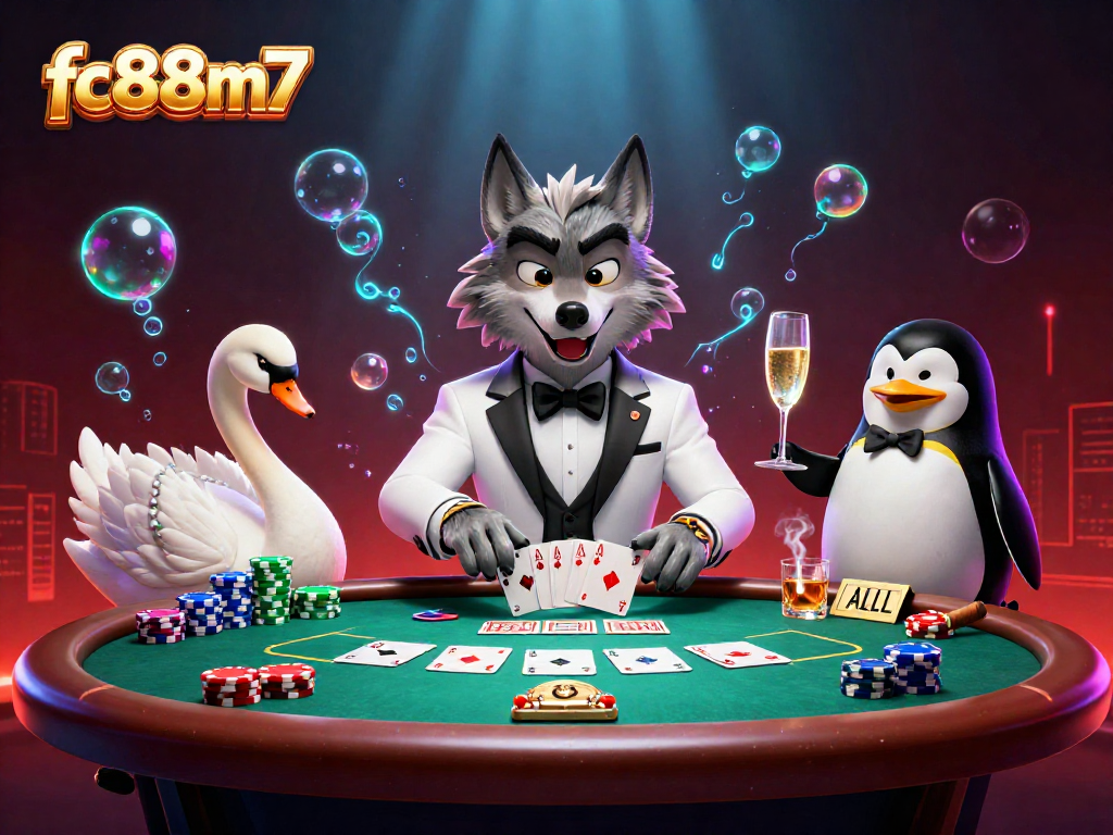 Win big with fc88m7 at a luxury baccarat table featuring a swan dealer and vibrant casino elements.