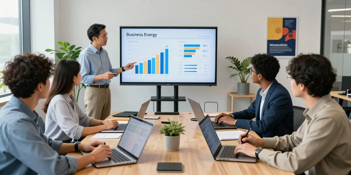 Professionals discussing business energy prices and strategies in a modern office setting
