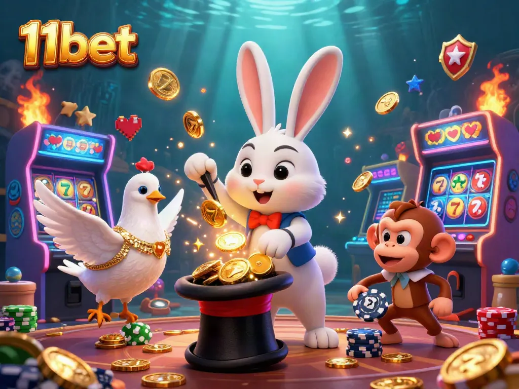 Experience the thrill of 11bet with a captivating scene featuring a magician rabbit and lively gaming elements.