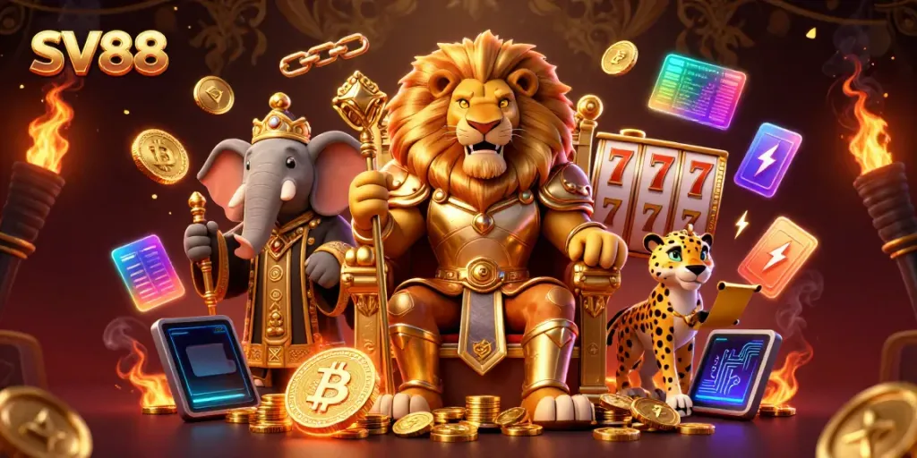 Spin to win at SV88 with dynamic illustrations of a lion king, coins, and jackpots.