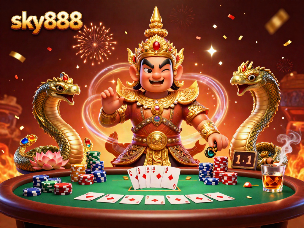 Engage in poker adventure with sky888, featuring vibrant Thai guardian and colorful chips.
