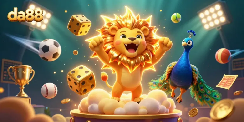 da88 winning strategies illustrated with a vibrant scene featuring a golden sun lion, golden dice, and dynamic sports elements