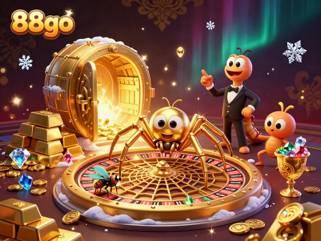 Engage in thrilling gameplay at 88go while a golden spider spins a roulette wheel web.