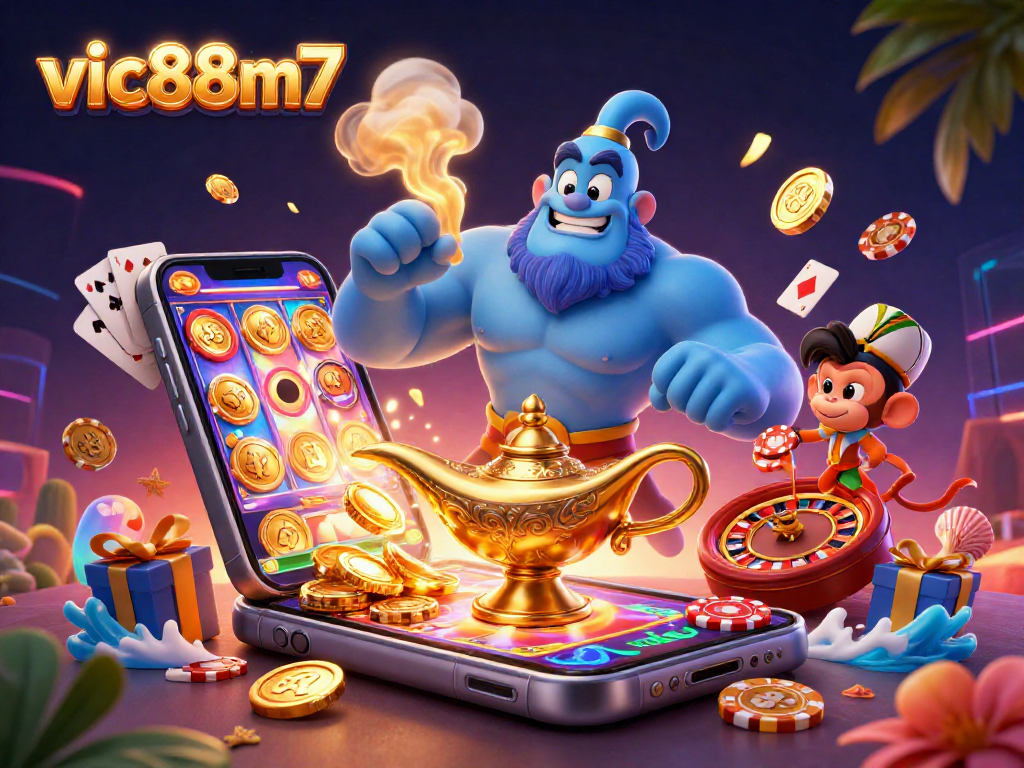 Experience the magic of vic88m7 with a vibrant 3D casino scene featuring a genie, monkey, and poker elements.