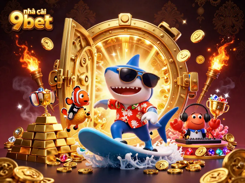 Engage with thrilling gaming at nhà cái 9bet, featuring vibrant characters, gold coins, and jackpot reels.